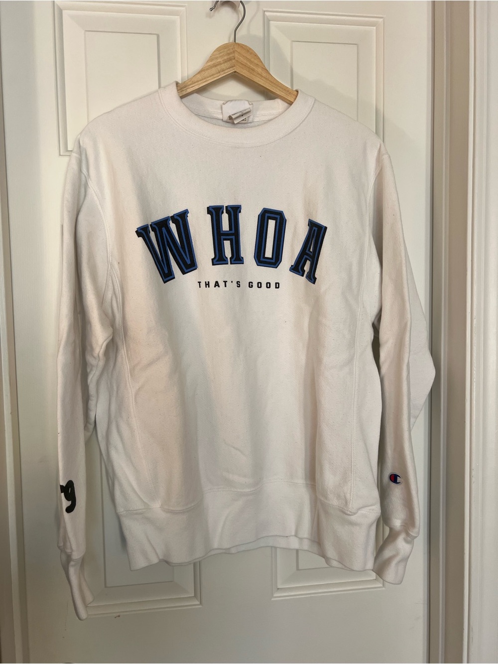 Champion White Crewneck Sweatshirt with Blue "WHOA" Graphic